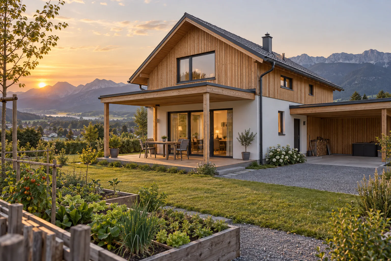 Modernes österreichisches Holzhaus mit Terrasse, Nutzgarten und Bergblick